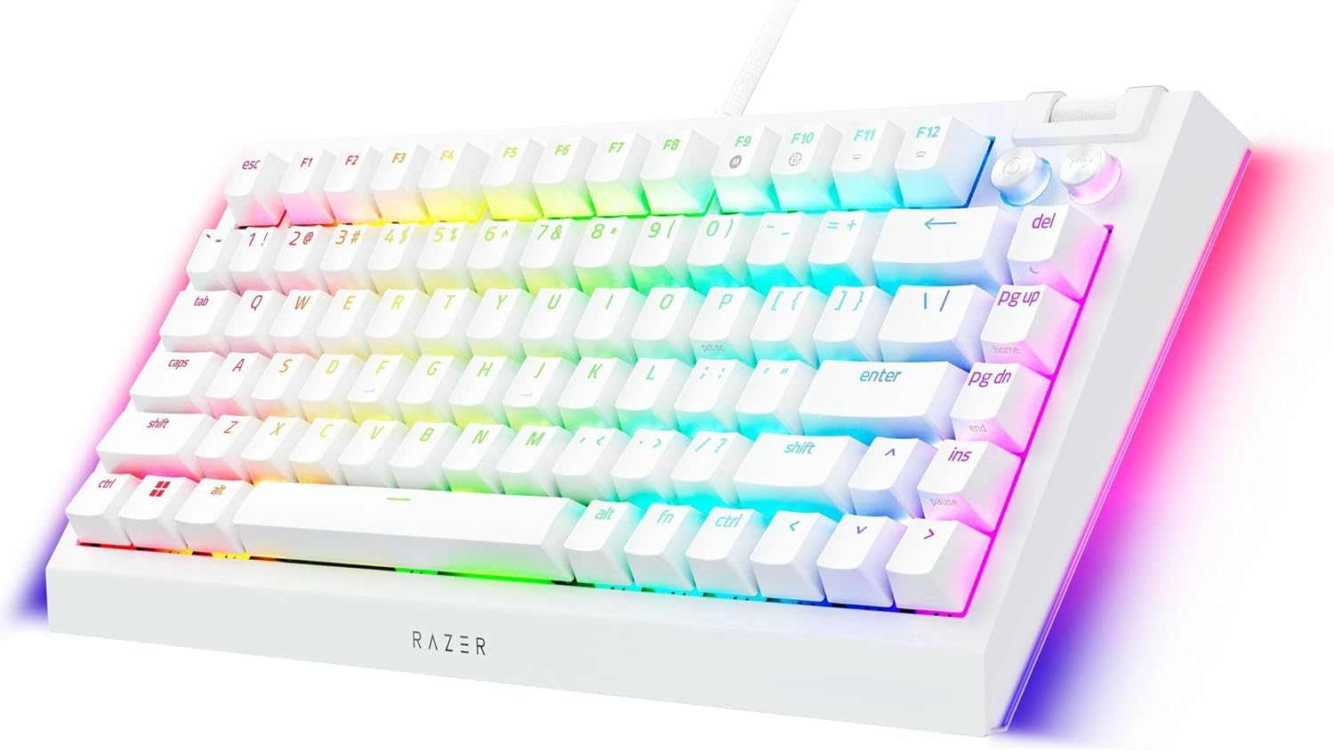 Razer BlackWidow V4 75% Mechanical Hot-swappable Compact & Durable Chroma MF Roller & Media Keys Wrist Rest Orange Tactile Switches - White Razer BlackWidow V4 75% Mechanical Hot-swappable Compact & Durable Chroma MF Roller & Media Keys Wrist Rest Orange Tactile Switches - White